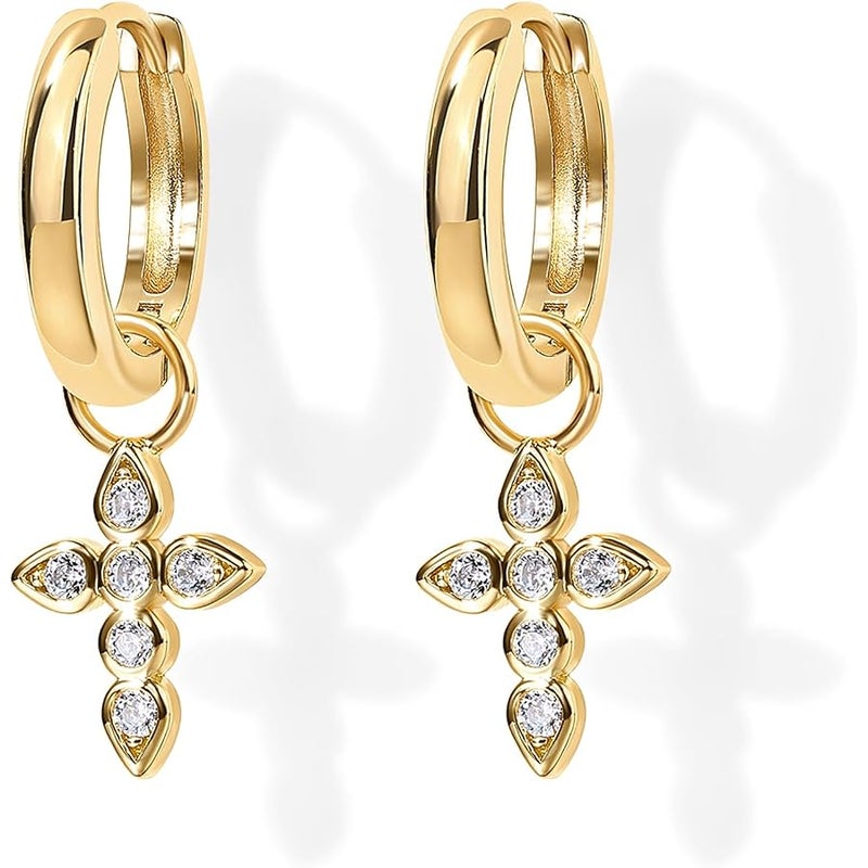 PAVOI 14K Gold Plated S925 Sterling Silver Post Lightweight Drop Dangle Huggie Hoop Earrings for Women | Star, Lock, Pearl, Cross, Lightening, Coin | Dainty Earrings - Image 3