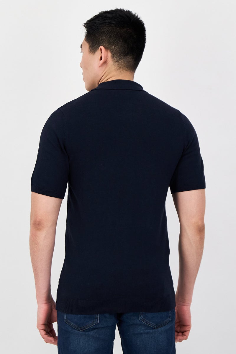 Threadbare Men Short Sleeve Knitted Polo, Navy - Image 3