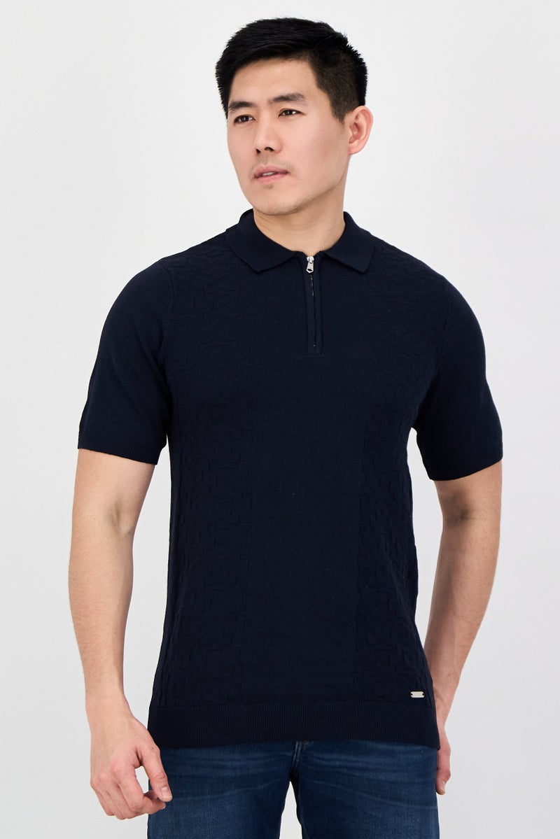 Threadbare Men Short Sleeve Knitted Polo, Navy - Image 1