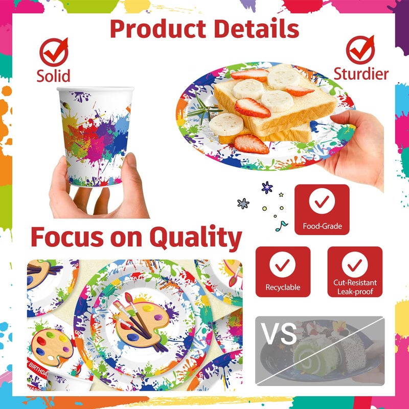 Yingoto 200pcs Paint Party Decorations for Kids and Art Lovers, Convenient Disposable Paper Tableware Set Includes 300gsm Plates and 2 PE Plastic Tablecloths for Paint Party and Celebration - Image 4