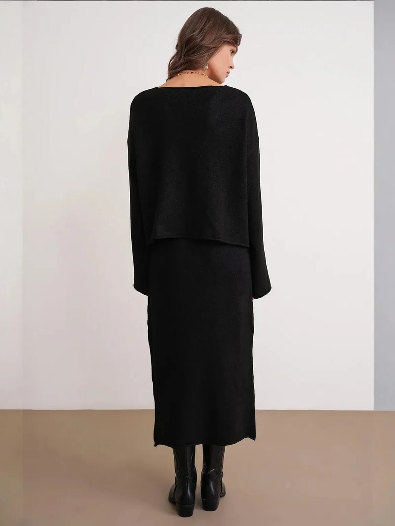MixRay Black Mixray V-neck Knitwear Sweater & Skirt Co-ord Set for Women | Best Price UAE