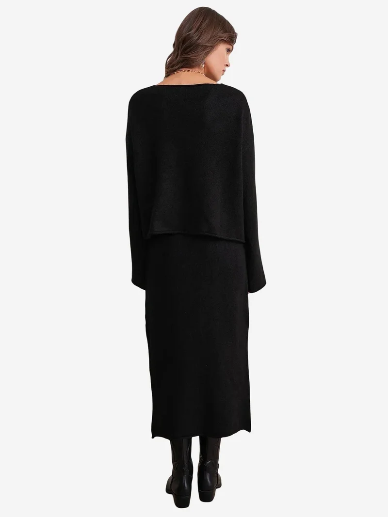 Mixray Black Mixray V-neck Knitwear Sweater & Skirt Co-ord Set for Women | Best Price UAE