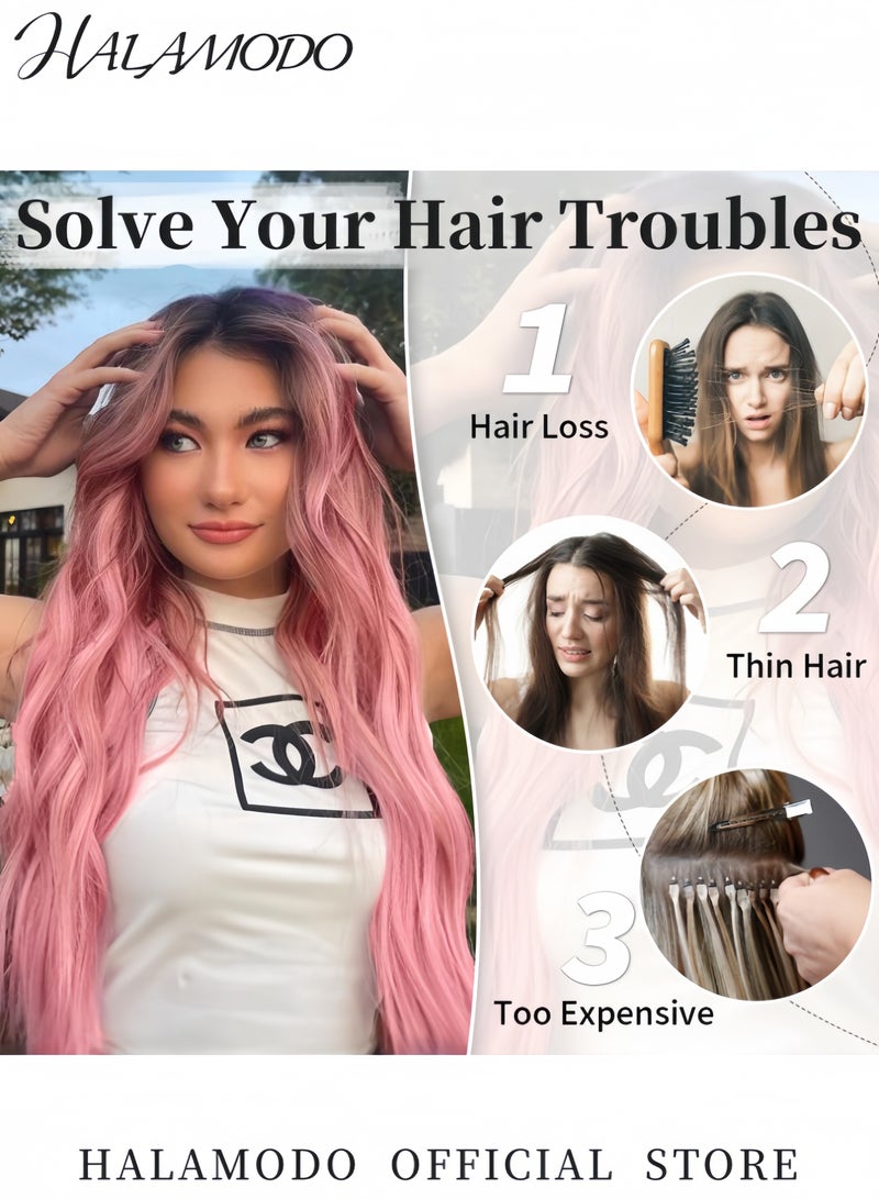 HALAMODO 24 Inch Pink Tape-In Hair Extensions Fashion Long Straight Wig Clip-in Hair Extensions Invisible Silky Straight Natural Extensions for Women - Image 2