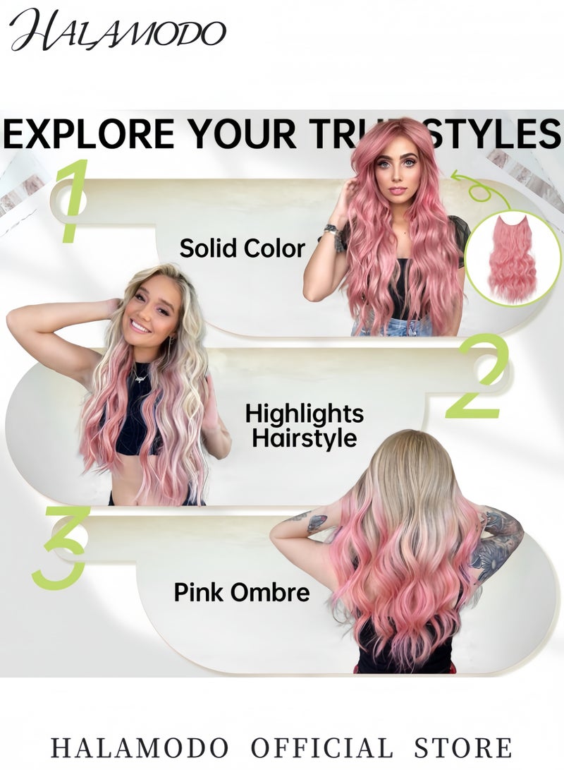 HALAMODO 24 Inch Pink Tape-In Hair Extensions Fashion Long Straight Wig Clip-in Hair Extensions Invisible Silky Straight Natural Extensions for Women - Image 5