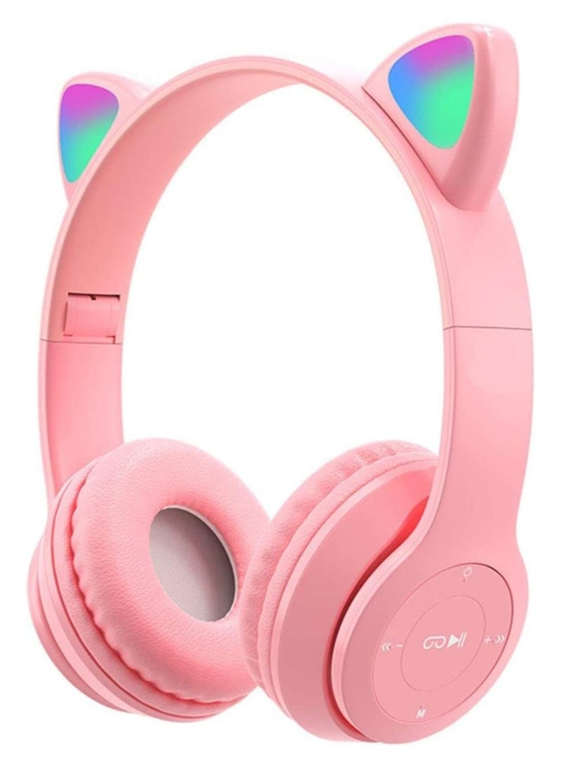 P47 Wireless Bluetooth Headphones P47M (CAT) with Microphone for Kids and Adults,Stereo Cat Ear Design with LED Light and Foldable Memory Card Slot for Girls and Boys - PINK  - Image 1