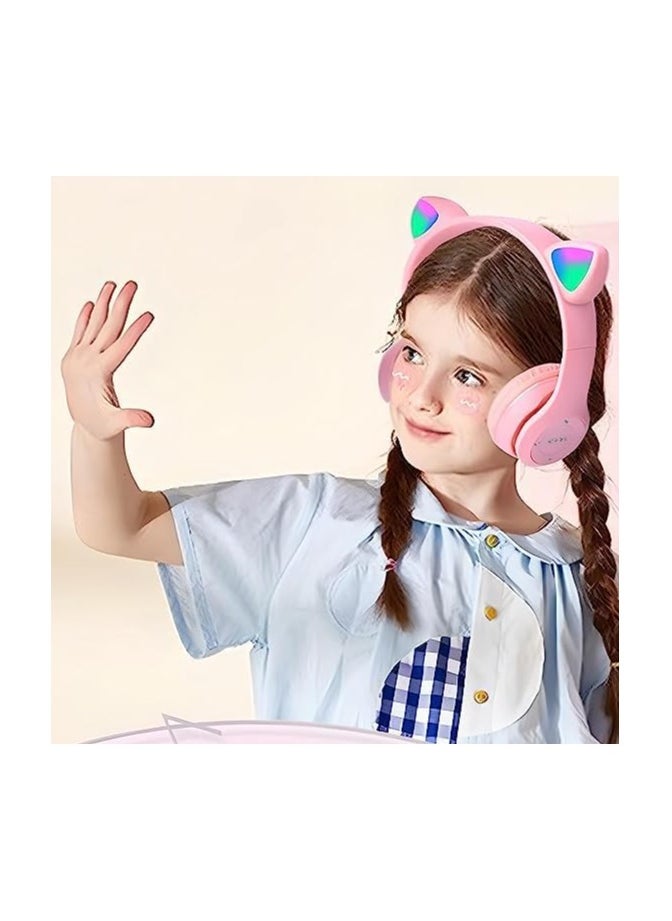 P47 Wireless Bluetooth Headphones P47M (CAT) with Microphone for Kids and Adults,Stereo Cat Ear Design with LED Light and Foldable Memory Card Slot for Girls and Boys - PINK  - Image 3