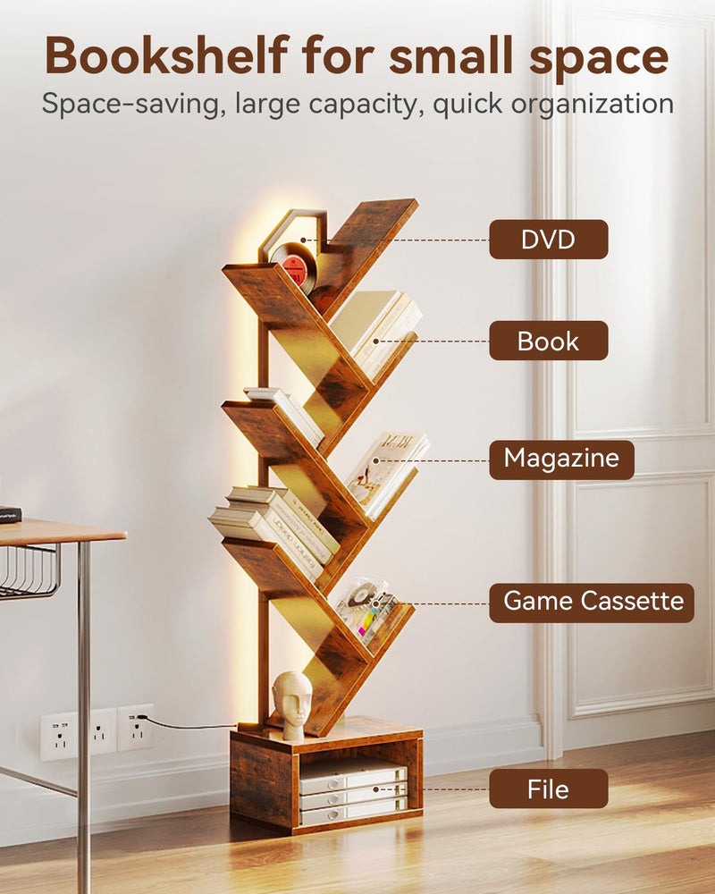 Casaottima Tree Bookshelf with LED Lights, 6-Tier Narrow Bookcase for Small Spaces, Tall Steel & Wood Storage Shelf with Cabinet, Home Decor & Organizer for Living Room/Bedroom/Home Office, Vintage - Image 4