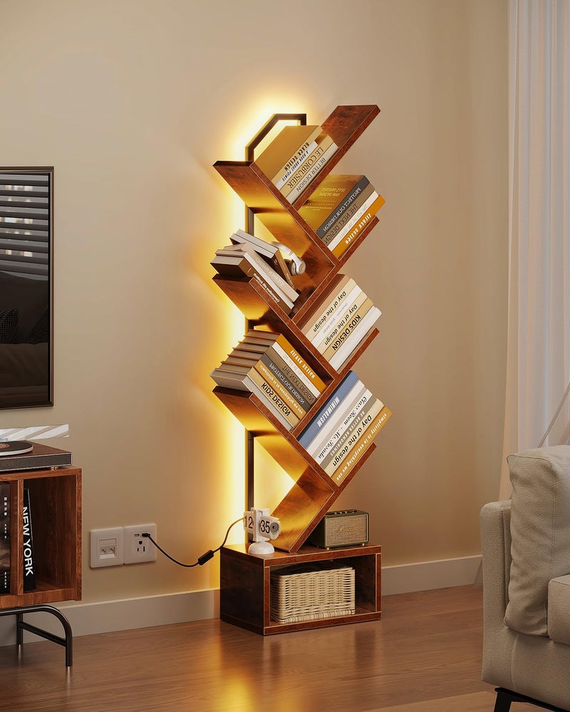 Casaottima Tree Bookshelf with LED Lights, 6-Tier Narrow Bookcase for Small Spaces, Tall Steel & Wood Storage Shelf with Cabinet, Home Decor & Organizer for Living Room/Bedroom/Home Office, Vintage - Image 2