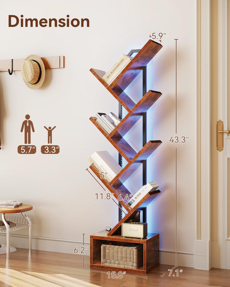 Casaottima Tree Bookshelf with LED Lights, 6-Tier Narrow Bookcase for Small Spaces, Tall Steel & Wood Storage Shelf with Cabinet, Home Decor & Organizer for Living Room/Bedroom/Home Office, Vintage - Image 3