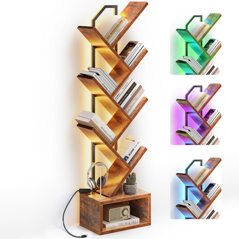 Casaottima Tree Bookshelf with LED Lights, 6-Tier Narrow Bookcase for Small Spaces, Tall Steel & Wood Storage Shelf with Cabinet, Home Decor & Organizer for Living Room/Bedroom/Home Office, Vintage - Image 1