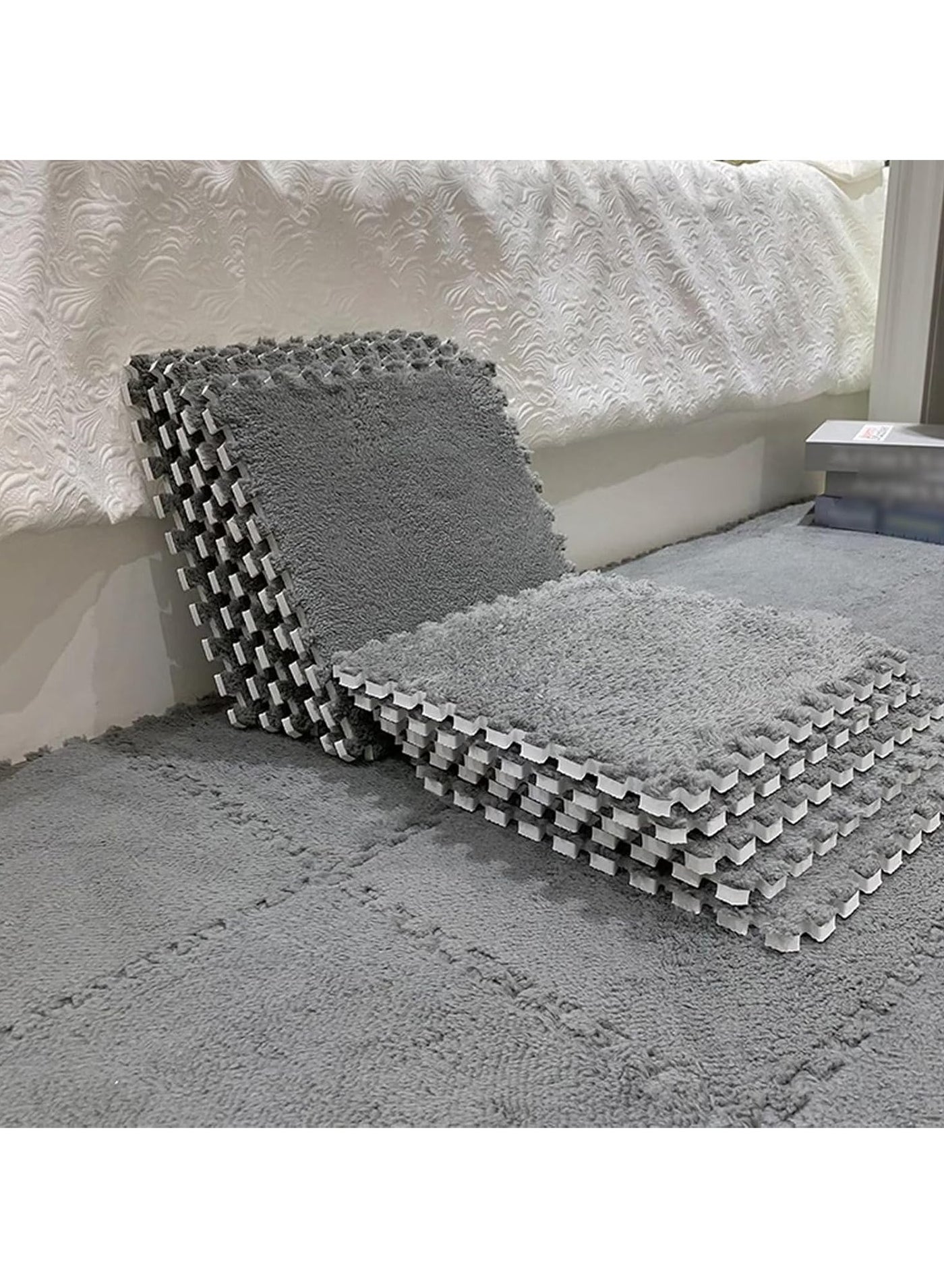 12 Pcs Interlocking Carpet Shaggy Soft EVA Foam Mats 11.8 x 11.8 Inch Fluffy Area Rugs Protective Floor Tiles Exercise Play Mat for Home Playroom Decor/Exercise Gym Mats (Grey 11.8 x 11.8 Inch)