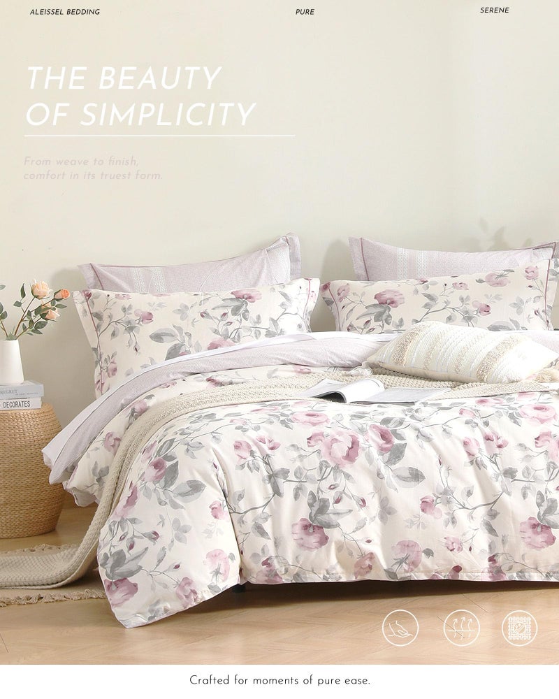 ALEISSEL Vintage Cotton 3pcs Floral Comforter Sets Queen Size - Dusty Rose & Soft Gray Foliage on White, Blush French Striped Patchwork Reverse, Neutural Lightweight Bedding Sets(Queen 90"Ã—90") - Image 2