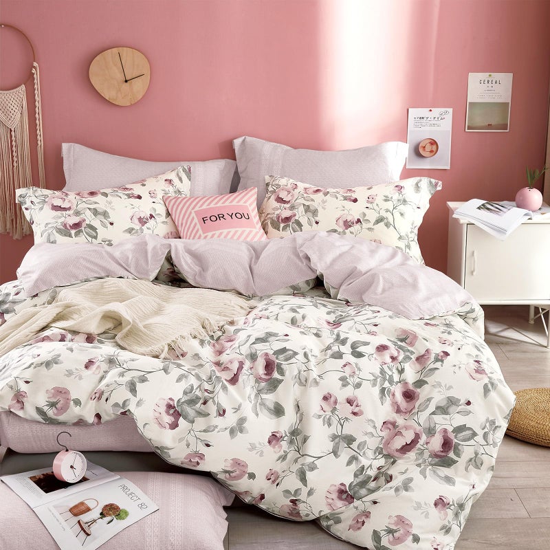 ALEISSEL Vintage Cotton 3pcs Floral Comforter Sets Queen Size - Dusty Rose & Soft Gray Foliage on White, Blush French Striped Patchwork Reverse, Neutural Lightweight Bedding Sets(Queen 90"Ã—90") - Image 1