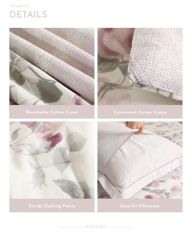 ALEISSEL Vintage Cotton 3pcs Floral Comforter Sets Queen Size - Dusty Rose & Soft Gray Foliage on White, Blush French Striped Patchwork Reverse, Neutural Lightweight Bedding Sets(Queen 90"Ã—90") - Image 5