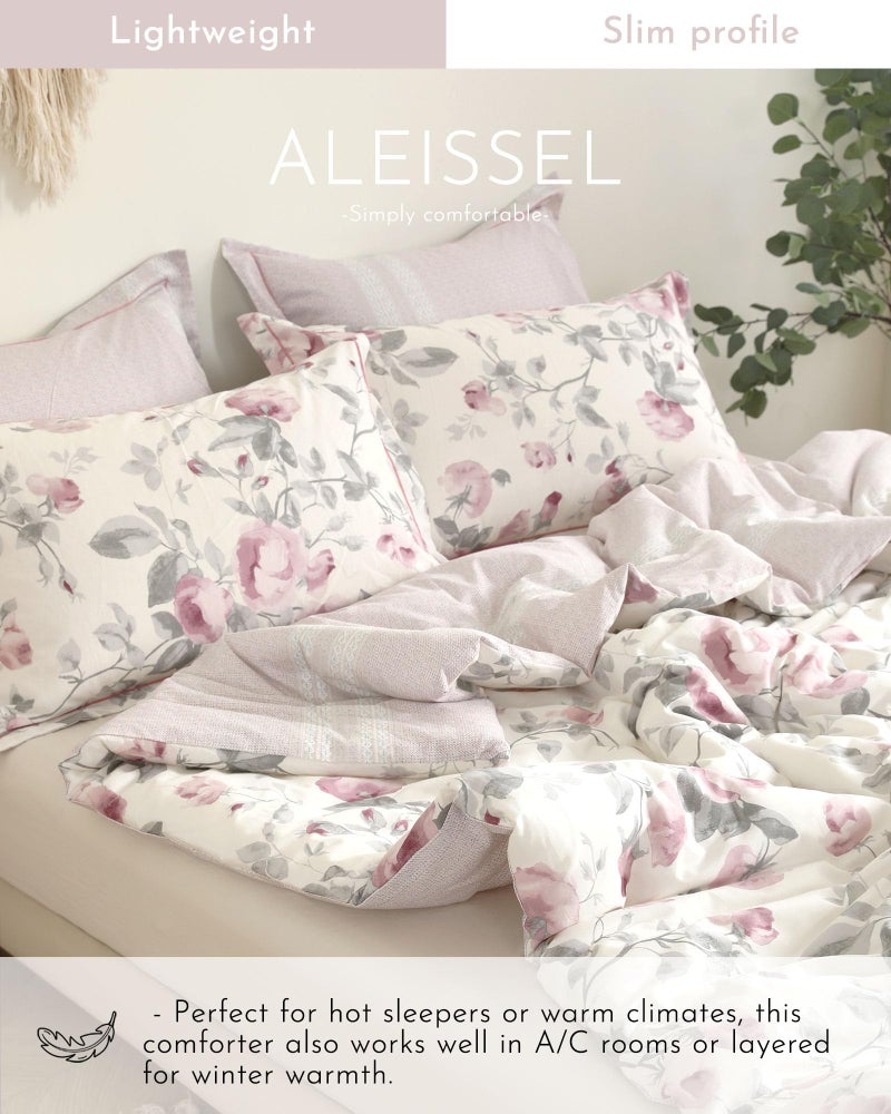 ALEISSEL Vintage Cotton 3pcs Floral Comforter Sets Queen Size - Dusty Rose & Soft Gray Foliage on White, Blush French Striped Patchwork Reverse, Neutural Lightweight Bedding Sets(Queen 90"Ã—90") - Image 3