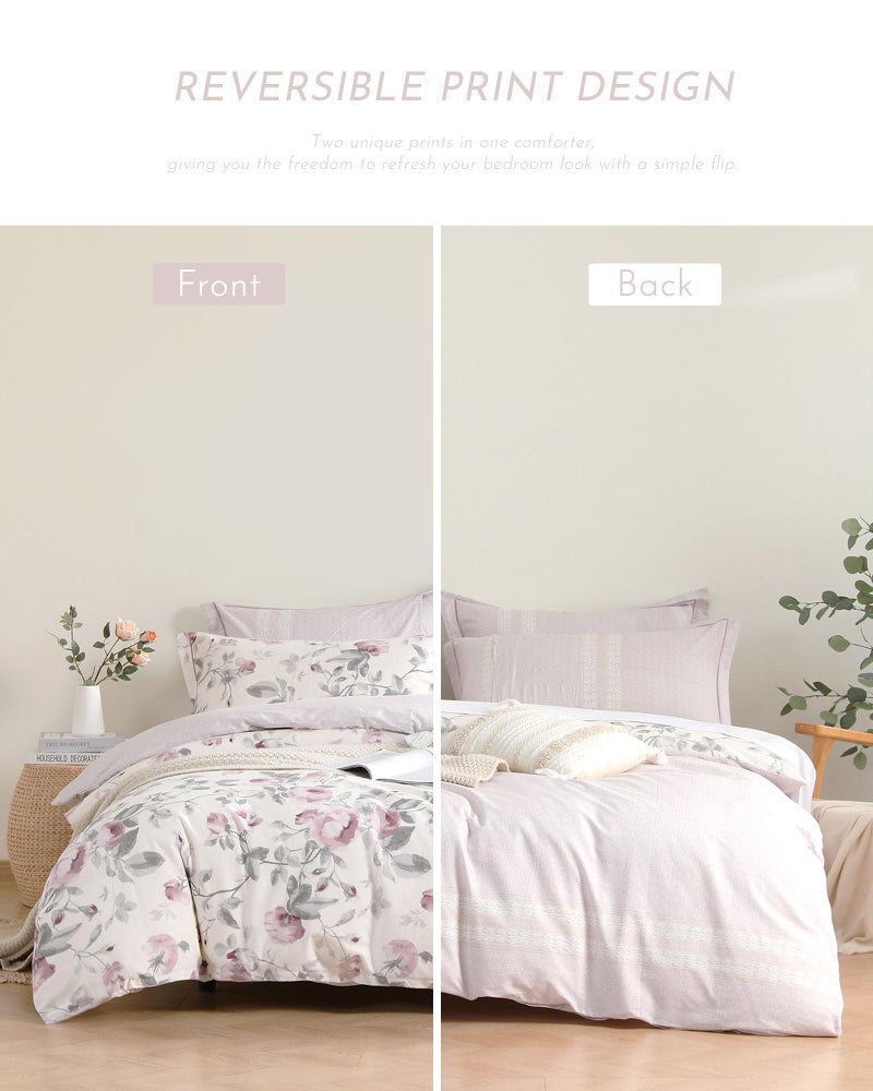ALEISSEL Vintage Cotton 3pcs Floral Comforter Sets Queen Size - Dusty Rose & Soft Gray Foliage on White, Blush French Striped Patchwork Reverse, Neutural Lightweight Bedding Sets(Queen 90"Ã—90") - Image 4