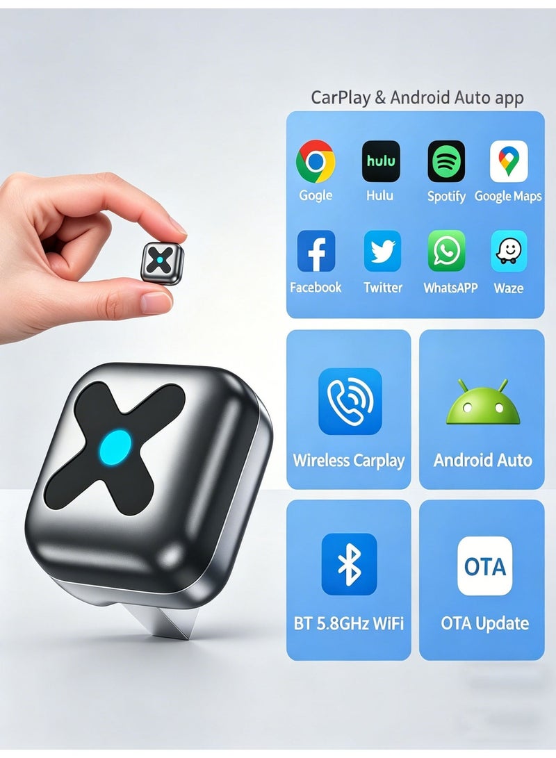 فيكالو شريحة محول لاسلكي صغير لـ CarPlay و Android Auto بتقنية WiFi 5.8 جيجاهرتز وبلوتوث 5.4، اتصال تلقائي خلال 3-5 ثوانٍ، مزود بمنافذ USB-C و USB-A وكابل تمديد، متوافق مع iOS 10+ و Android 10+ - Image 1