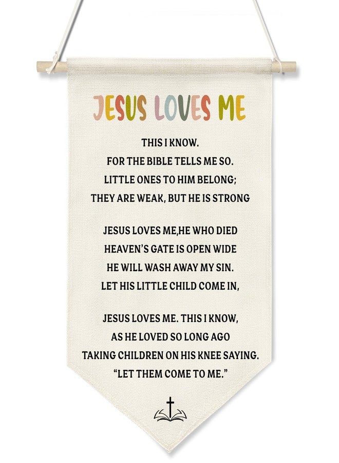 ZTGDA Jesus Loves Me Canvas Wall Hanging Banner for Kids,Christian Bible Verse Poster with Wood Rod, Nursery Sunday School Decor, Religious Gift for Baby or Toddler, 11x16 Inch (KD11) - Image 1