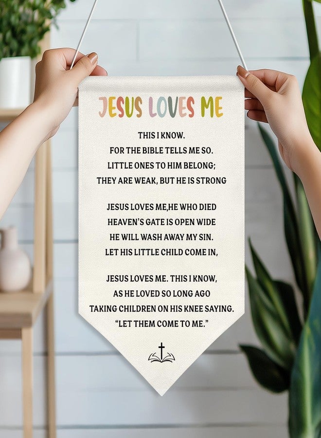 ZTGDA Jesus Loves Me Canvas Wall Hanging Banner for Kids,Christian Bible Verse Poster with Wood Rod, Nursery Sunday School Decor, Religious Gift for Baby or Toddler, 11x16 Inch (KD11) - Image 3