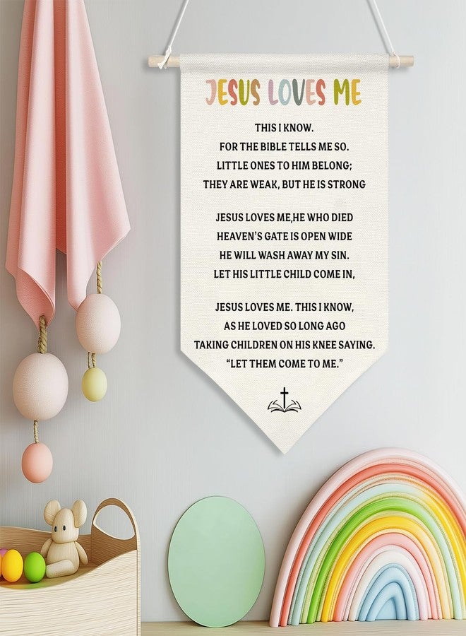 ZTGDA Jesus Loves Me Canvas Wall Hanging Banner for Kids,Christian Bible Verse Poster with Wood Rod, Nursery Sunday School Decor, Religious Gift for Baby or Toddler, 11x16 Inch (KD11) - Image 2