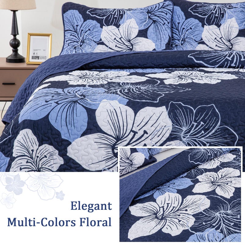 Djy 3 Pieces Quilt Set California King Navy Blue Floral Pattern Quilt Coverlet Set Gorgeous Boho Bedspread With 2 Pillow Cases Cozy Botanical Bedding Quilt Set For Teens Adults 106""X 96"" - Image 3
