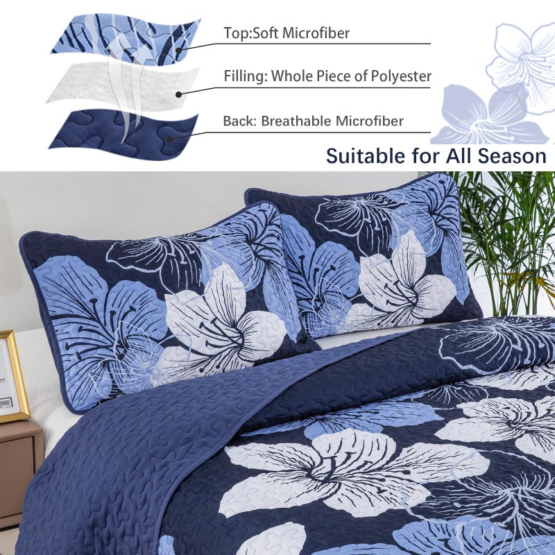 Djy 3 Pieces Quilt Set California King Navy Blue Floral Pattern Quilt Coverlet Set Gorgeous Boho Bedspread With 2 Pillow Cases Cozy Botanical Bedding Quilt Set For Teens Adults 106""X 96"" - Image 4
