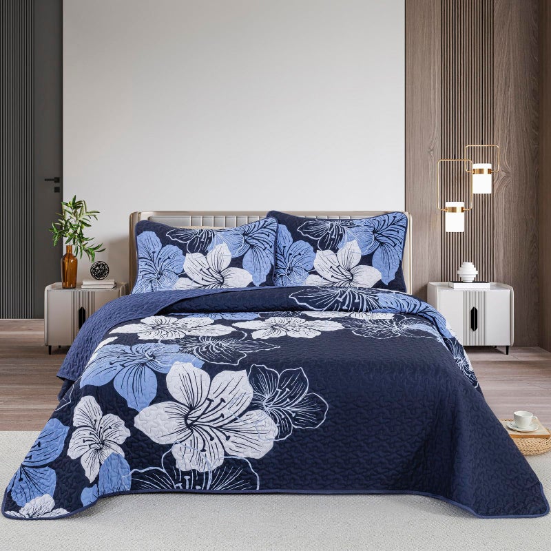 Djy 3 Pieces Quilt Set California King Navy Blue Floral Pattern Quilt Coverlet Set Gorgeous Boho Bedspread With 2 Pillow Cases Cozy Botanical Bedding Quilt Set For Teens Adults 106""X 96"" - Image 1