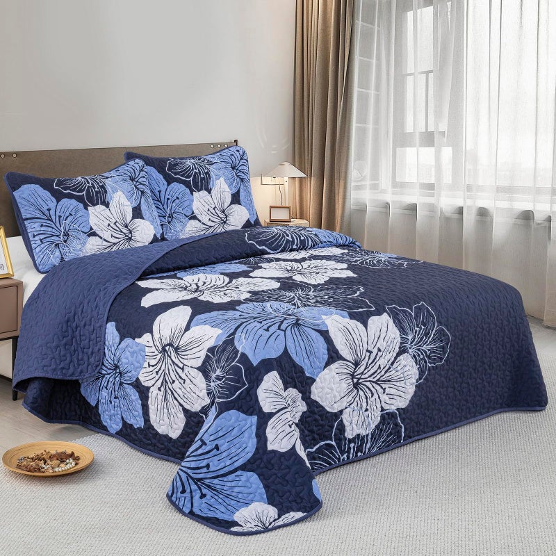 Djy 3 Pieces Quilt Set California King Navy Blue Floral Pattern Quilt Coverlet Set Gorgeous Boho Bedspread With 2 Pillow Cases Cozy Botanical Bedding Quilt Set For Teens Adults 106""X 96"" - Image 2