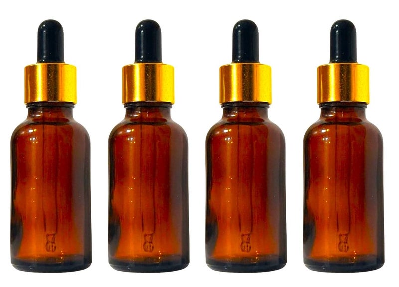 Vow 30ML Amber Empty Glass Dropper Bottles, Golden Sleeve, Black Rubber Teat, Leakproof, Travel For Oil, Perfume, Serum, Cosmetic_Pack of 4 - Image 1