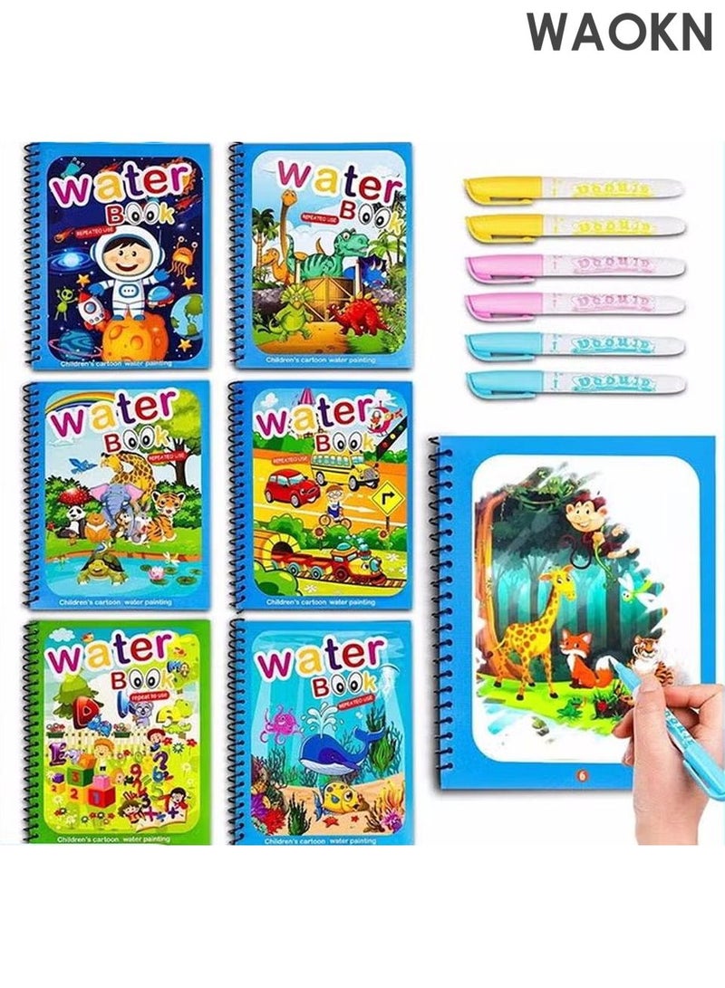 WAOKN 6 Pack Water Coloring Magic Book, Coloring Book for Kids Educational Toy Magic Water Colouring Book with Pen, Toddlers Kids Reusable Painting Universe Coloring Book, Boys and Girls Educational Learning Toys - Image 1