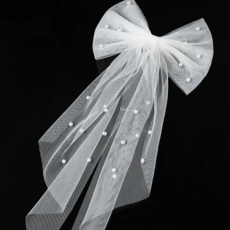 Women Long Ribbon Mesh Bow Hair Clips Elegant Pearls Hairpin for Bride White Mesh Hairpins Wedding Party Bride Hair Accessories - Image 5