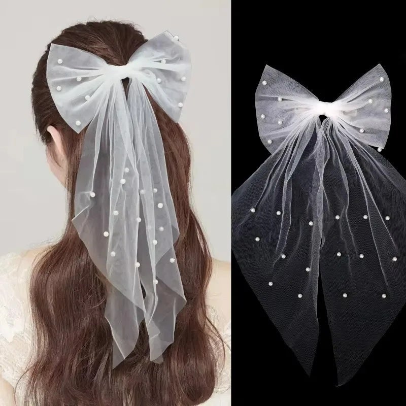 Women Long Ribbon Mesh Bow Hair Clips Elegant Pearls Hairpin for Bride White Mesh Hairpins Wedding Party Bride Hair Accessories - Image 3