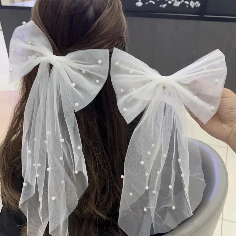 Women Long Ribbon Mesh Bow Hair Clips Elegant Pearls Hairpin for Bride White Mesh Hairpins Wedding Party Bride Hair Accessories - Image 4