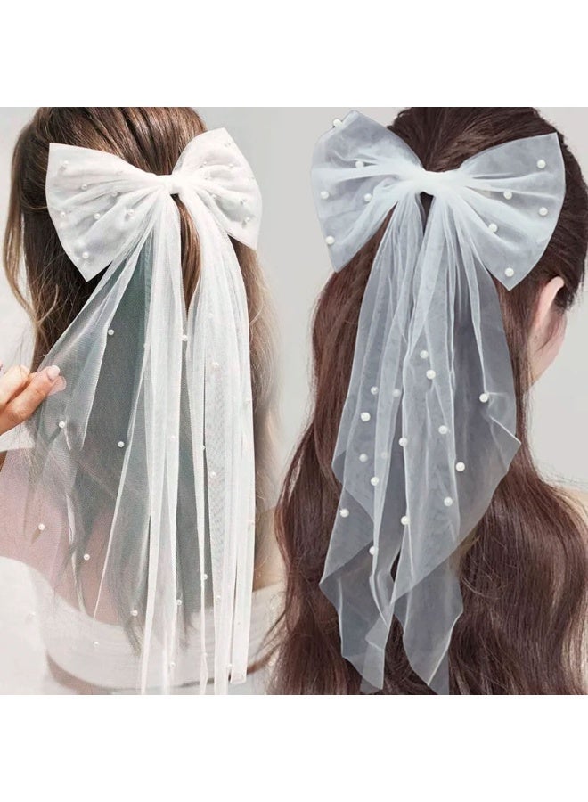 Women Long Ribbon Mesh Bow Hair Clips Elegant Pearls Hairpin for Bride White Mesh Hairpins Wedding Party Bride Hair Accessories - Image 1