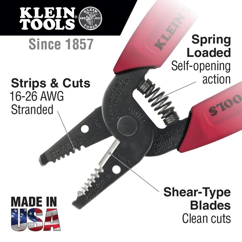 Klein Tools 11046 Wire Stripper, Wire Cutter for 16-26 AWG Stranded wire, Compact Nose with Precision-ground Stripping Holes, Made in USA - Image 2