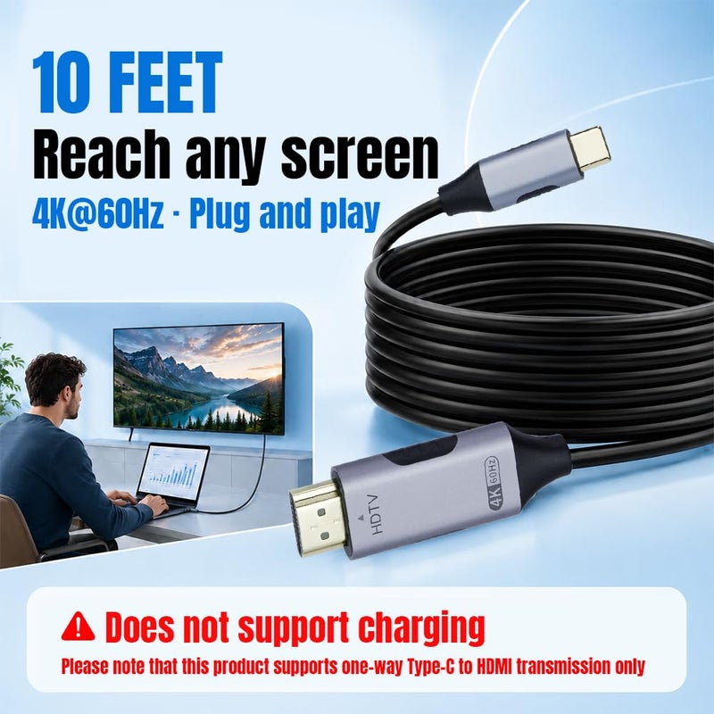 مكبازل كابل Mcbazel من USB-C إلى HDMI بطول 3 أمتار بدقة 4K@60Hz، محول من Type-C إلى HDMI لأجهزة MacBook Pro/Air، iPad Pro، Samsung Galaxy S24/S23، Surface – جاهز للاستخدام الفوري، هيكل من الألومنيوم - Image 2