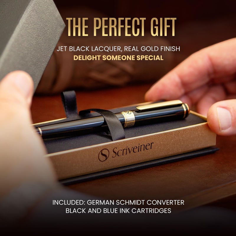 Scriveiner Luxury Fountain Pen - Stunning Black Lacquer Pen, Real Gold Finish, Schmidt Gilded Nib (Medium), Converter, Best Pen Gift Set for Men & Women, Professional, Executive, Office, Nice Pens - Image 3