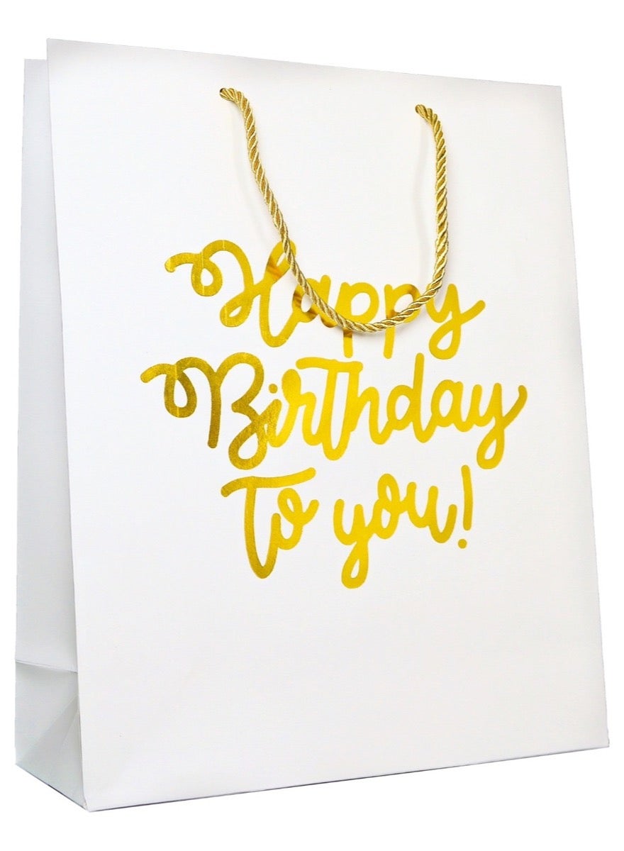 Elegant Luxury Happy Birthday Text Celebration Wrap Present Paper Gift Bag White Color for him her men and women chic with handles | Large Size 26 x 32 x 10
