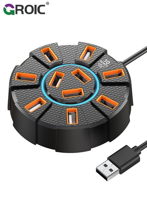 10-Port Expansion USB Splitter, USB 2.0 Hub with LED, Multi-Port Expansion Splitter, Power Adapter, and External Power Supply for Laptop and Computer Peripherals