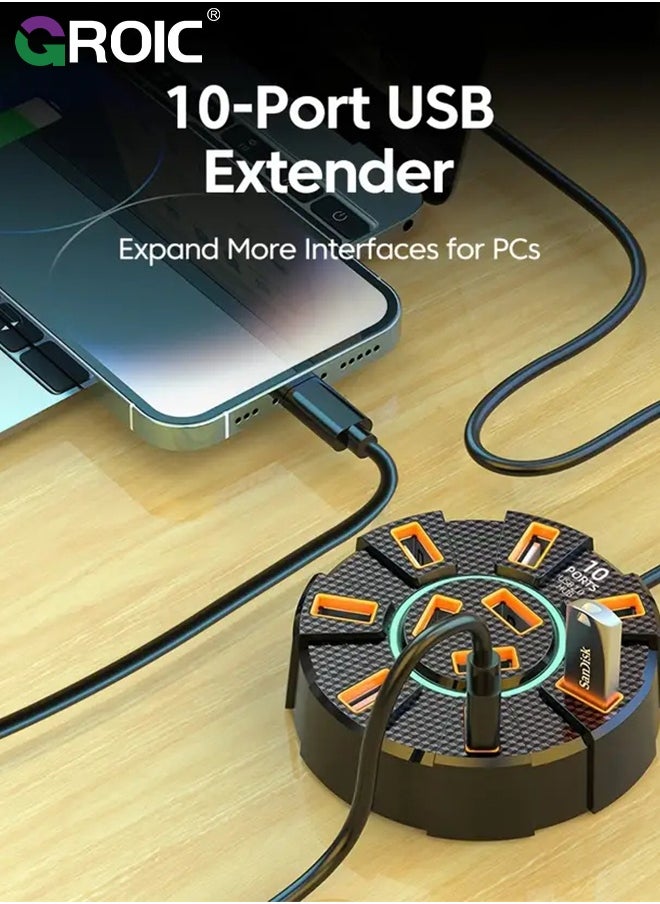 10-Port Expansion USB Splitter, USB 2.0 Hub with LED, Multi-Port Expansion Splitter, Power Adapter, and External Power Supply for Laptop and Computer Peripherals