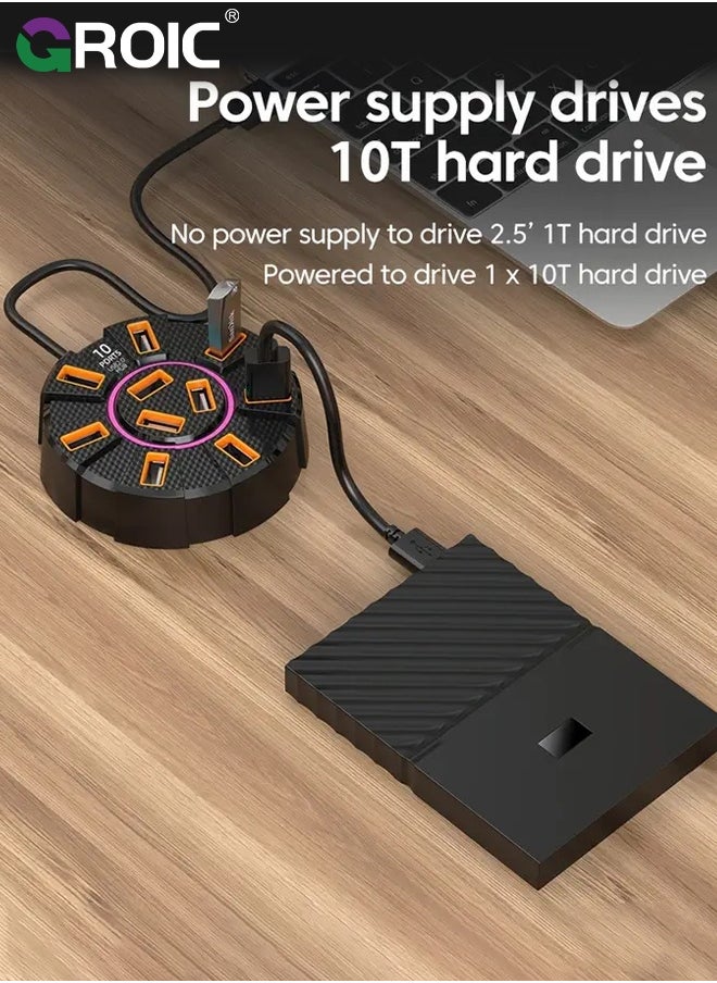 GROIC 10-Port Expansion USB Splitter, USB 2.0 Hub with LED, Multi-Port Expansion Splitter, Power Adapter, and External Power Supply for Laptop and Computer Peripherals  - Image 2