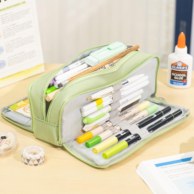 سيسيميلون حافظة أقلام رصاص بسعة كبيرة، حافظة أقلام رصاص للفتيات المراهقات مع حقيبة مكياج بسحاب للمدرسة والمكتب، باللون الأخضر، للسفر - Image 2