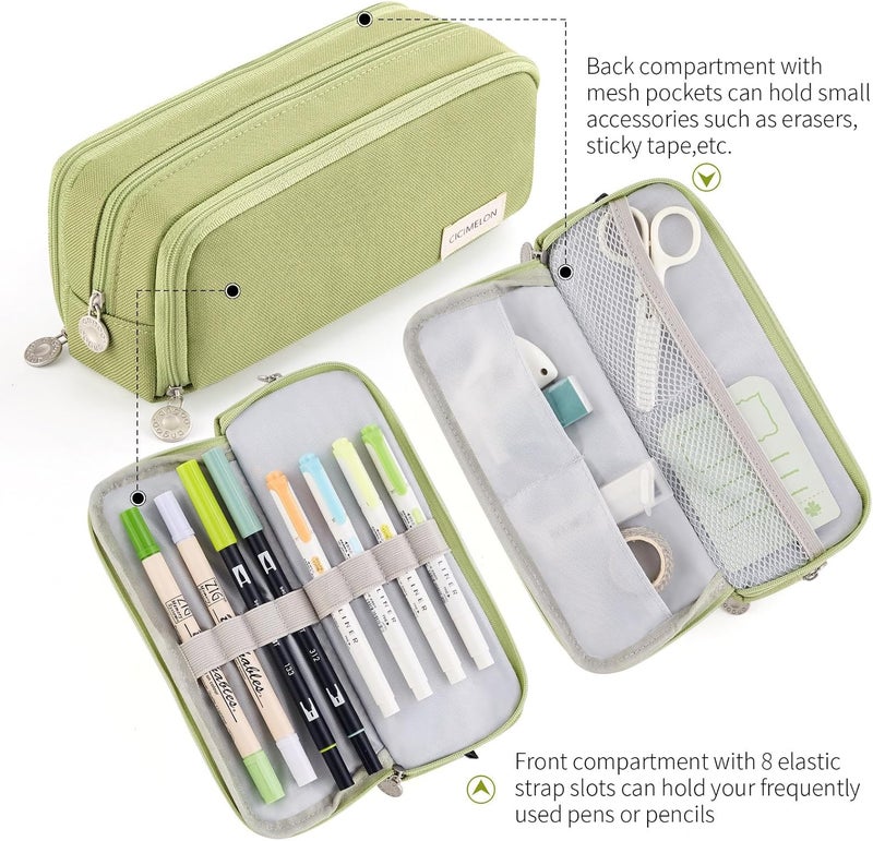سيسيميلون حافظة أقلام رصاص بسعة كبيرة، حافظة أقلام رصاص للفتيات المراهقات مع حقيبة مكياج بسحاب للمدرسة والمكتب، باللون الأخضر، للسفر - Image 3