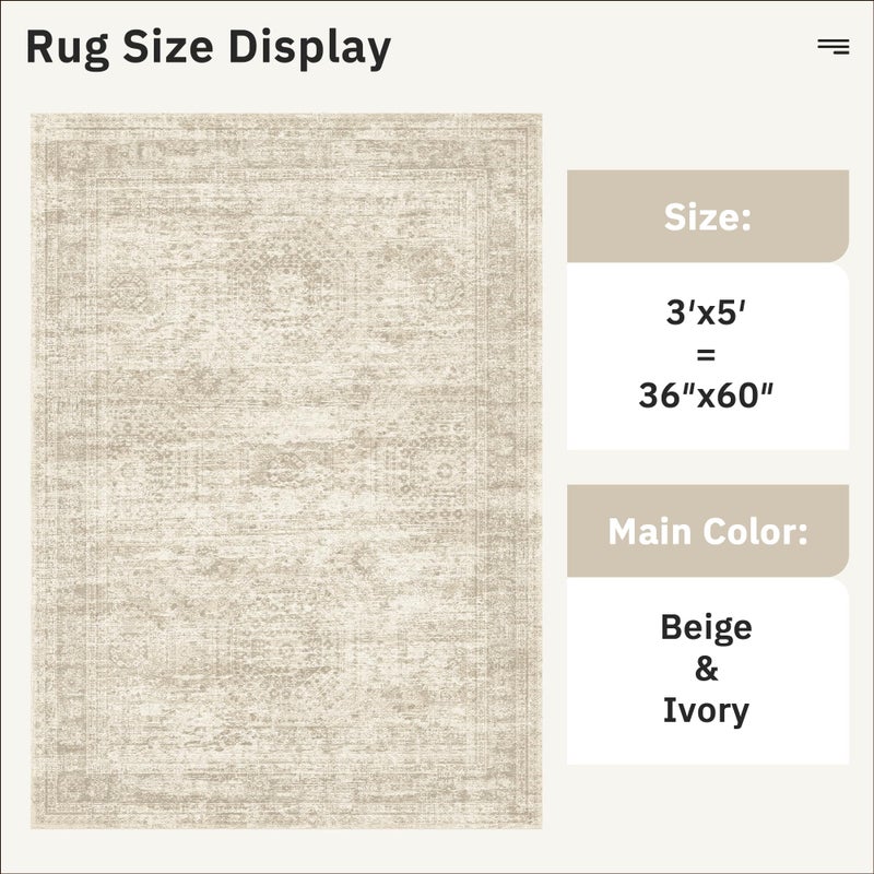 Soalmost 3x5 Rug, Small Area Rug for Kitchen, Entryway, Machine Washable Non-Slip Throw Rug, Vintage Carpet for Nursery Coffee Table Beige - Image 3