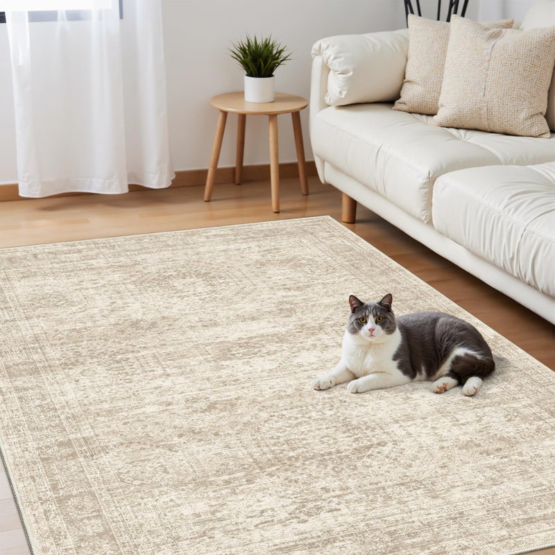 Soalmost 3x5 Rug, Small Area Rug for Kitchen, Entryway, Machine Washable Non-Slip Throw Rug, Vintage Carpet for Nursery Coffee Table Beige - Image 2