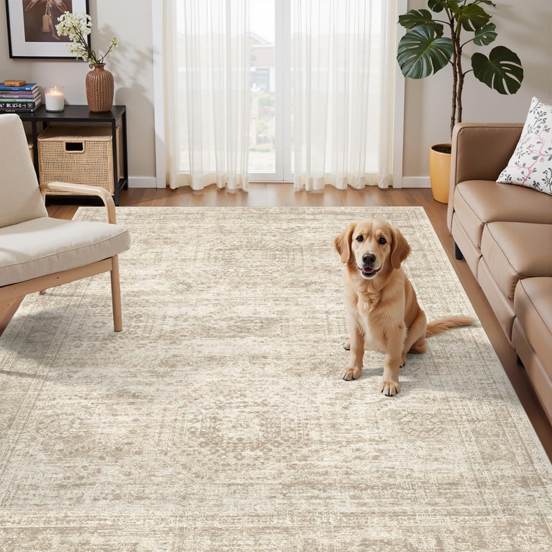 Soalmost 3x5 Rug, Small Area Rug for Kitchen, Entryway, Machine Washable Non-Slip Throw Rug, Vintage Carpet for Nursery Coffee Table Beige - Image 1
