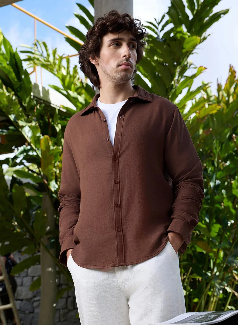 CAHOOT Men's Brown Plain/Basic Regular Shirt For Casual Wear | Collared Neck | Long Sleeve | Button Closure | Cotton Blend Shirt Crafted With Comfort Fit For Everyday Wear (3877)