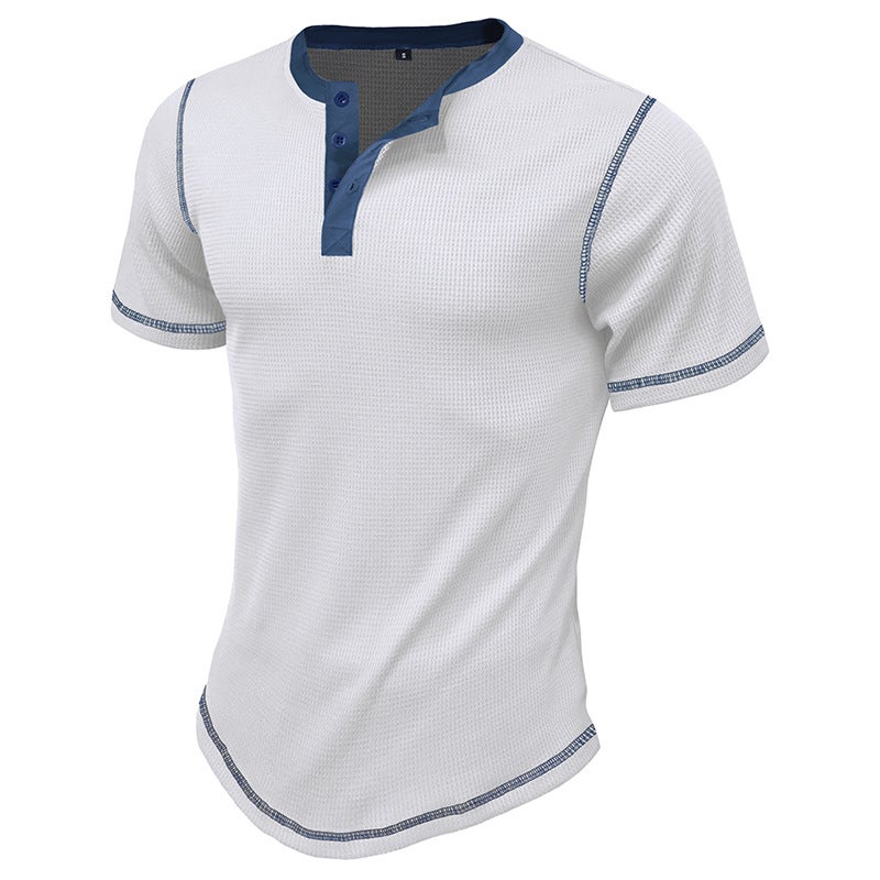 Cross-Border Men''s clothing 2023 Summer short-sleeved Henry lining and men''s retro T-shirt waffle color matching Henleys - Image 4
