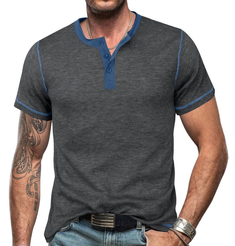 Cross-Border Men''s clothing 2023 Summer short-sleeved Henry lining and men''s retro T-shirt waffle color matching Henleys - Image 1