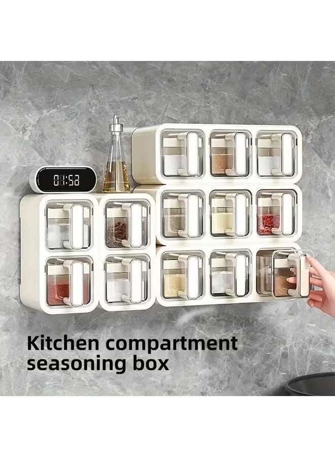 Arabest Horizontal and Vertical Dual-use Wall Mounted Sealed Seasoning Set, Seasoning Box with Handle and Spoon, Adhesive Wall Mount Spice Rack, Cruet Condiment Containers Storage Rack (White, Three Squares One) - Image 2